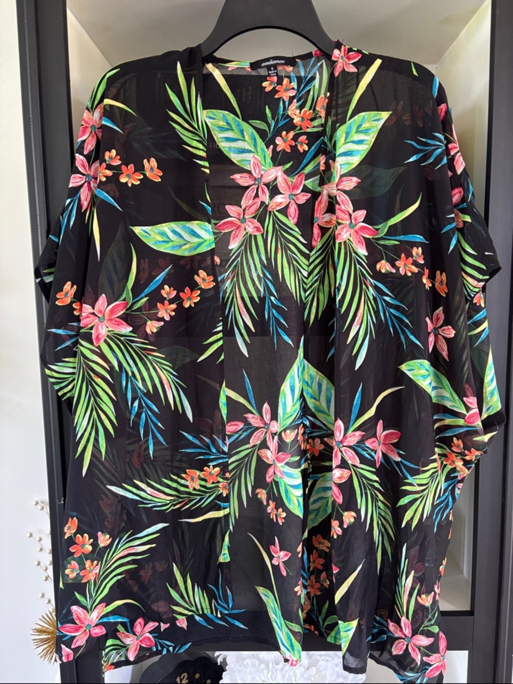 Ambiance Black Floral Open-Front Kimono with Green & Coral Blooms